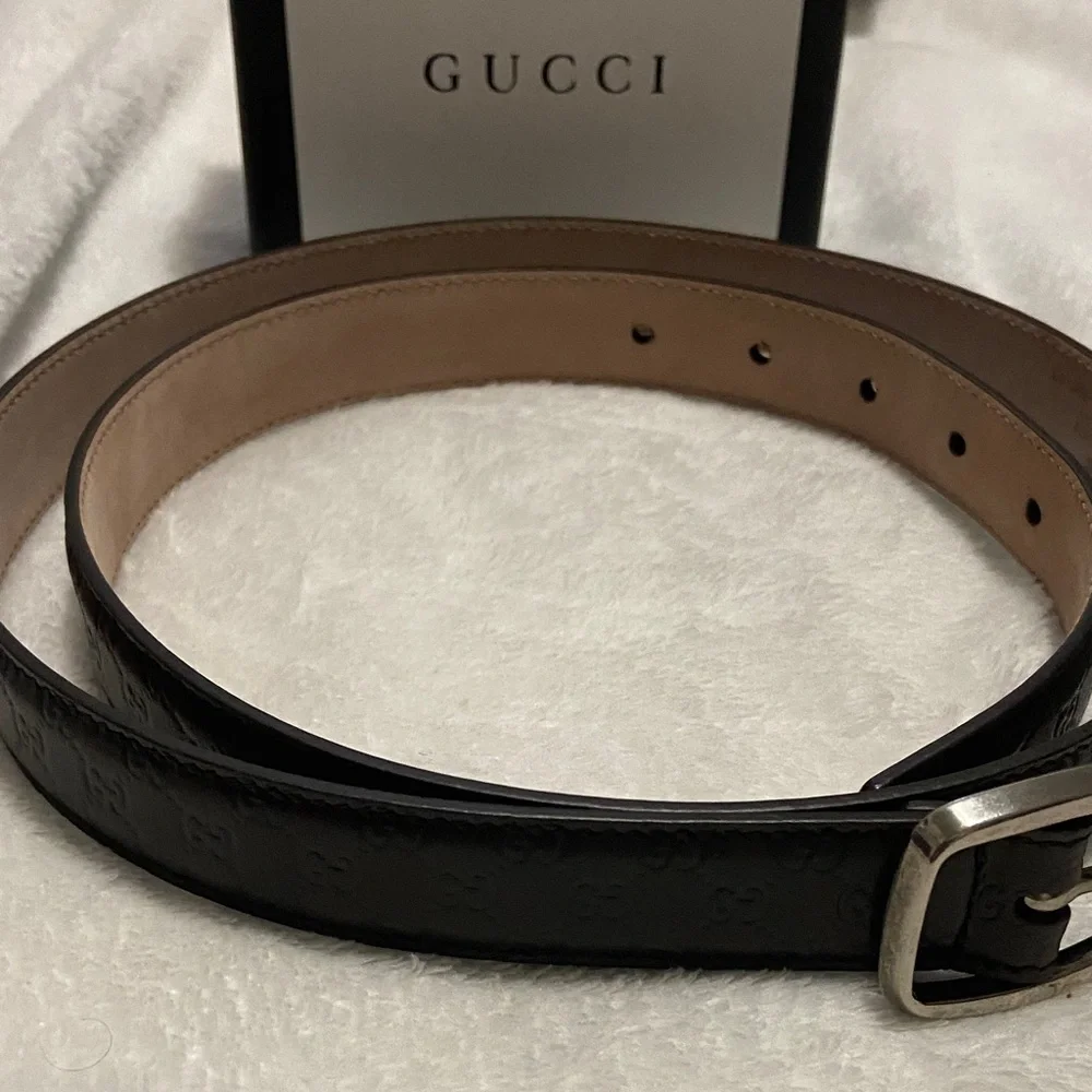 Gucci Chocolate Brown Embossed Leather GG Belt with Silver Buckle